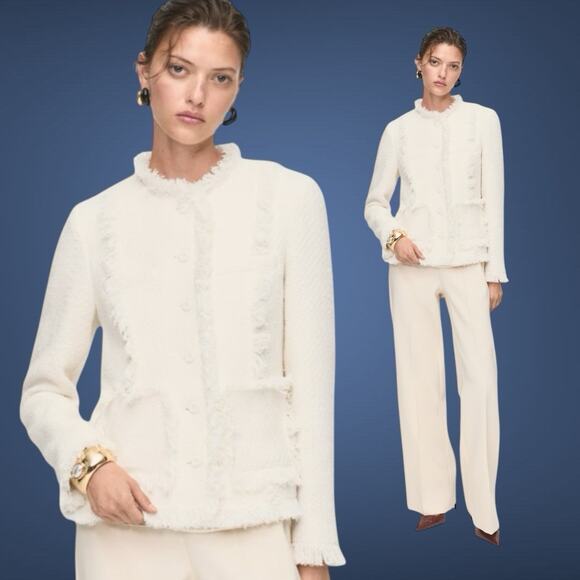 MANGO Pocket Cream Boucle' Fringe Tweed jacket Women's Blazer M (4) REF17087813 - Picture 1 of 16
